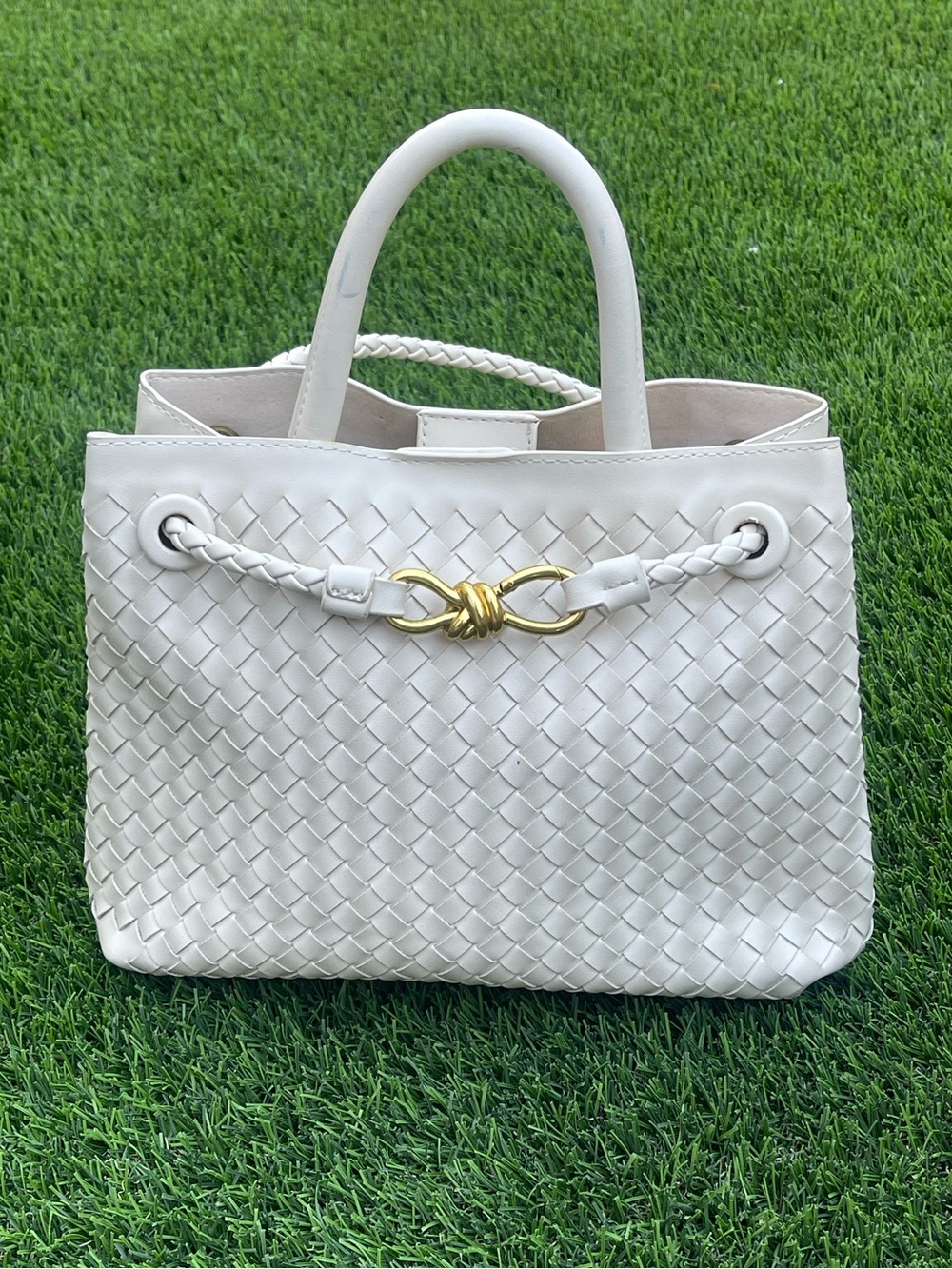 Woven Vegan Leather Tote Bag Cream White with Gold Hardware